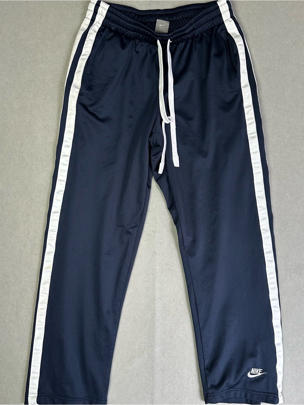 Y2K Nike Men's Navy Track Pants with White Side Stripes